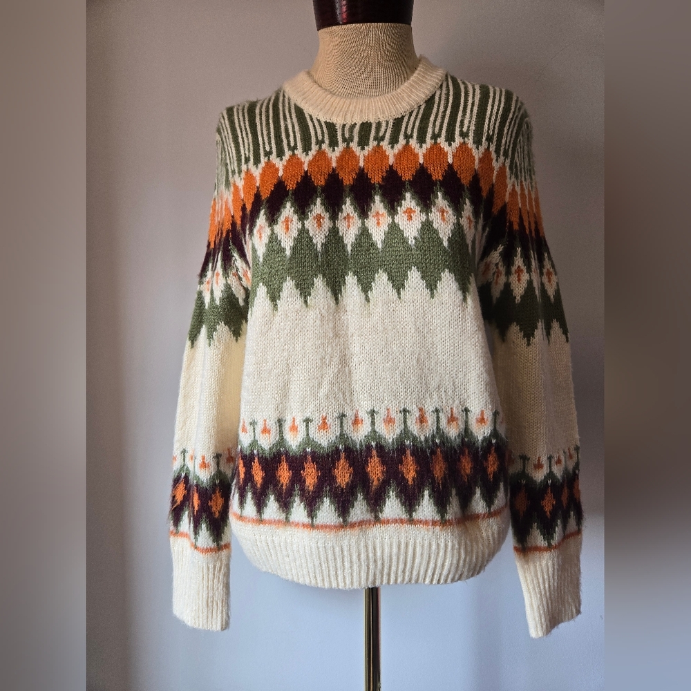 THE KORNER Fair Isle Patterned Cream Sweater With Orange, Brown And Green. Small